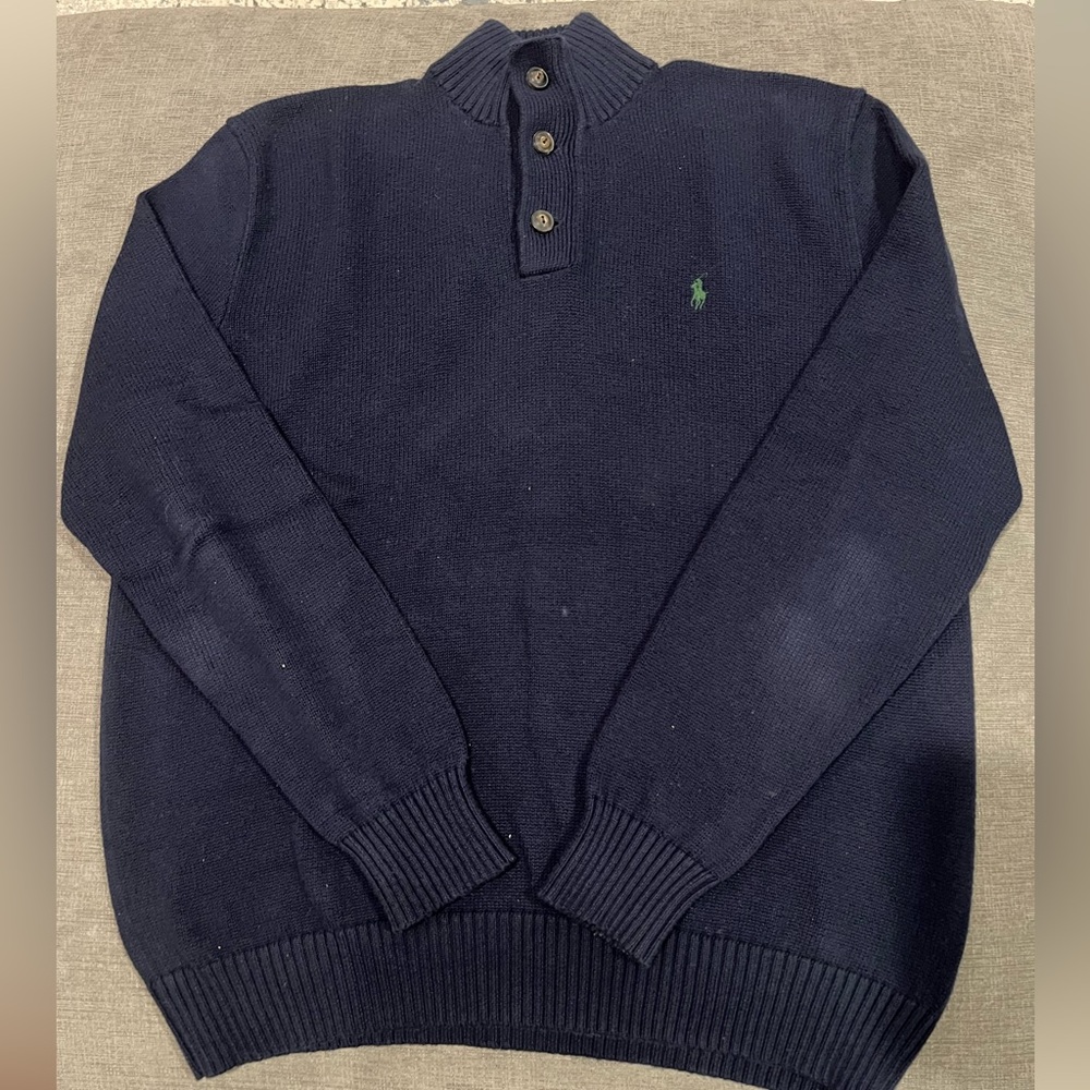 Ralph Lauren Navy Crewneck Three-Button Mock Sweater with Green Pony